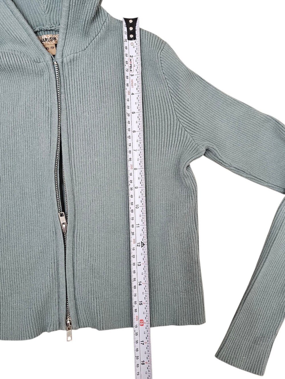 Harlow Cropped Ribbed Zip-Up Hoodie in Sage Green - Picture 5 of 7